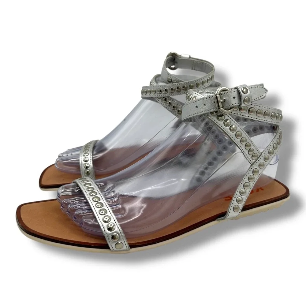 MICHAEL KORS Silver Studded Ankle Strap Flat Sandals Women's‎ Size 9